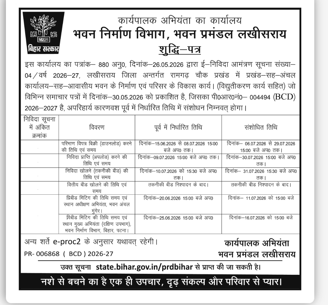 Bihar BCD E-Tender Corrigendum Notice – Lakhisarai Division