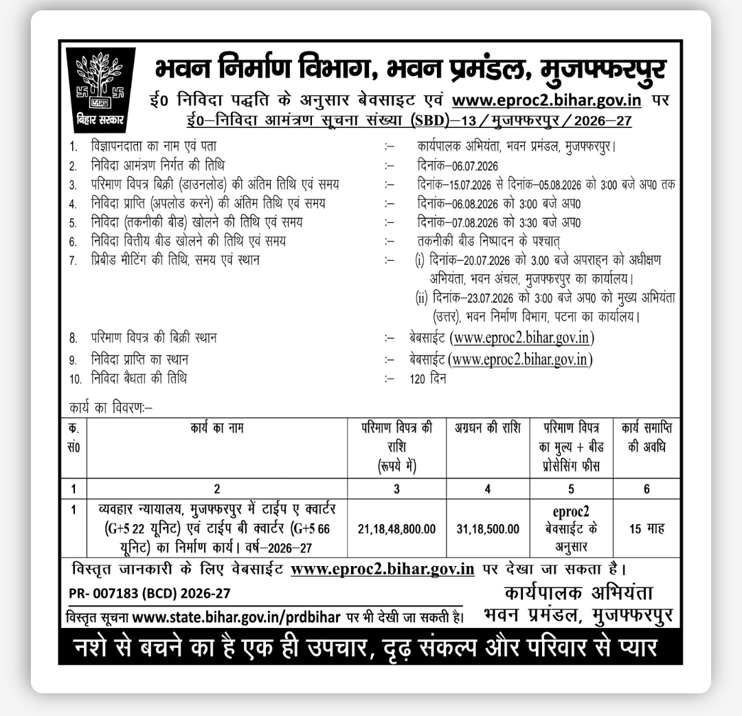 Bihar Building Construction Department Tender Notice – Construction Work at Civil Court Muzaffarpur