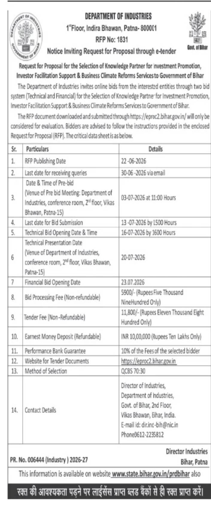 Bihar Industries Department Invites RFP for Knowledge Partner Selection