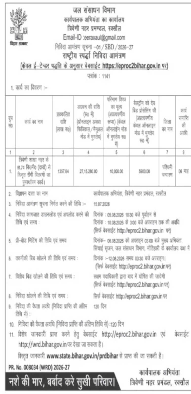 Bihar Water Resources Department Invites e-Tenders