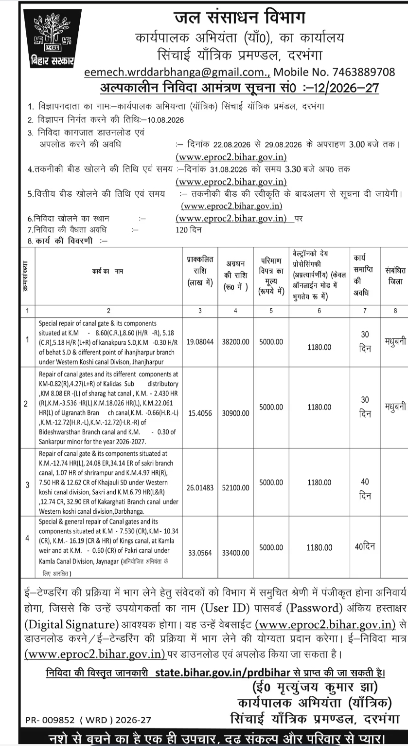 Bihar Water Resources Department Tender – Darbhanga