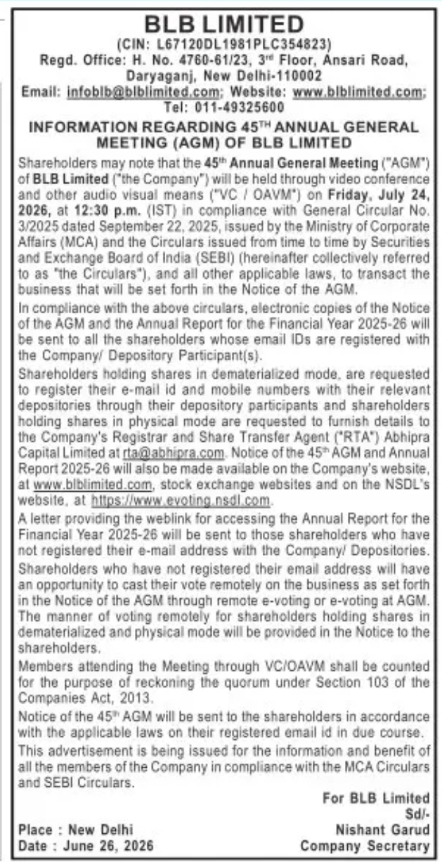BLB Limited – 45th Annual General Meeting (AGM) Notice
