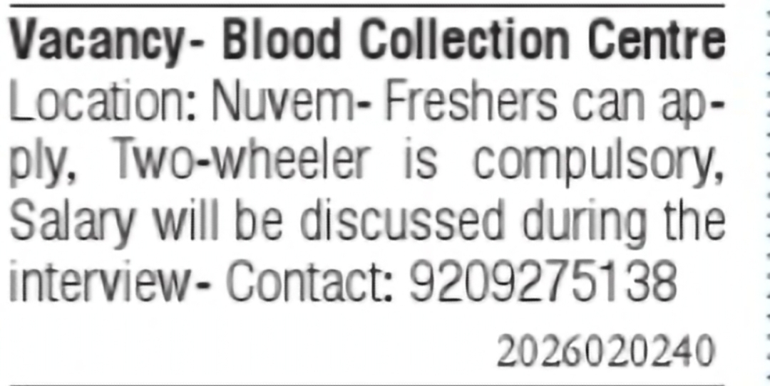 Blood Collection Centre Vacancy in Nuvem