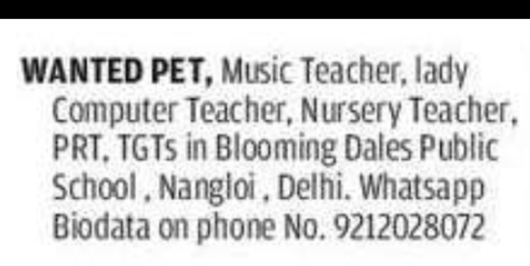 Blooming Dales Public School, Nangloi | Teaching Staff Recruitment