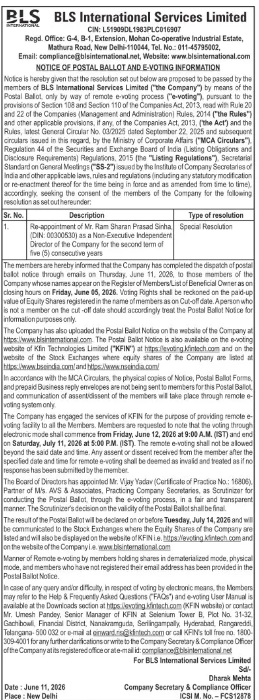 BLS International Postal Ballot Notice – Re-appointment of Independent Director
