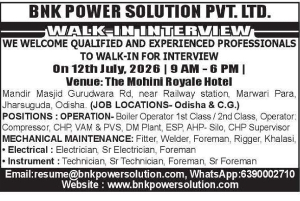 BNK Power Solution Pvt. Ltd. Walk-In Interview