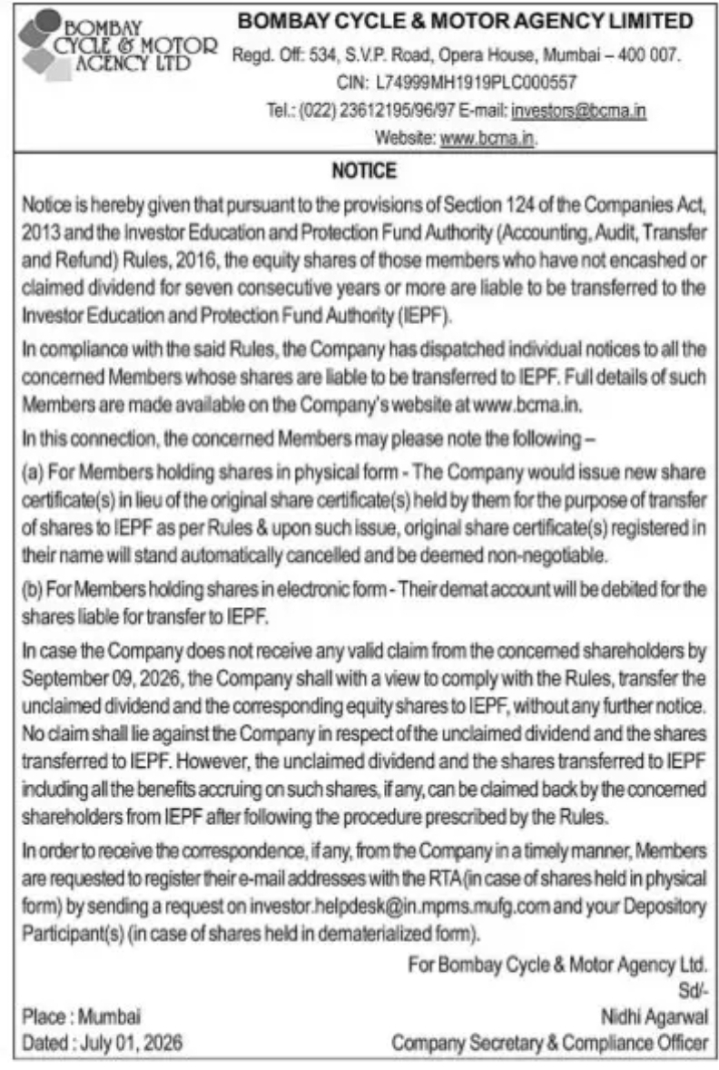 Bombay Cycle & Motor Agency Ltd. – Notice for Transfer of Unclaimed Shares & Dividend to IEPF