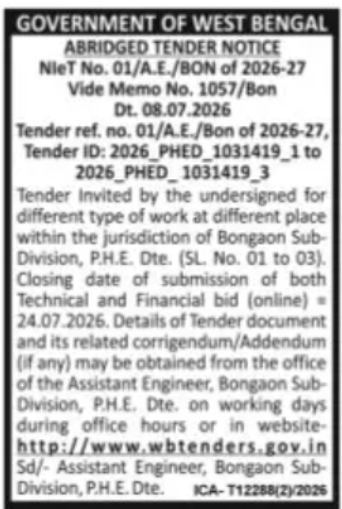 Bongaon Sub-Division PHE Invites e-Tenders