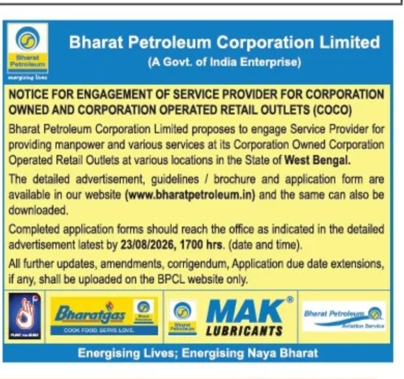 BPCL Invites Applications for Service Providers at COCO Retail Outlets in West Bengal