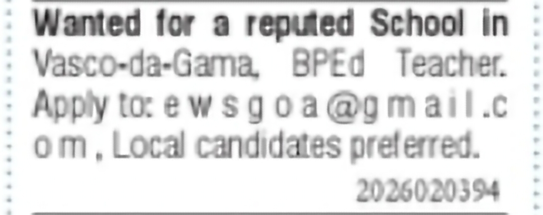 B.P.Ed Teacher Vacancy – Vasco-da-Gama
