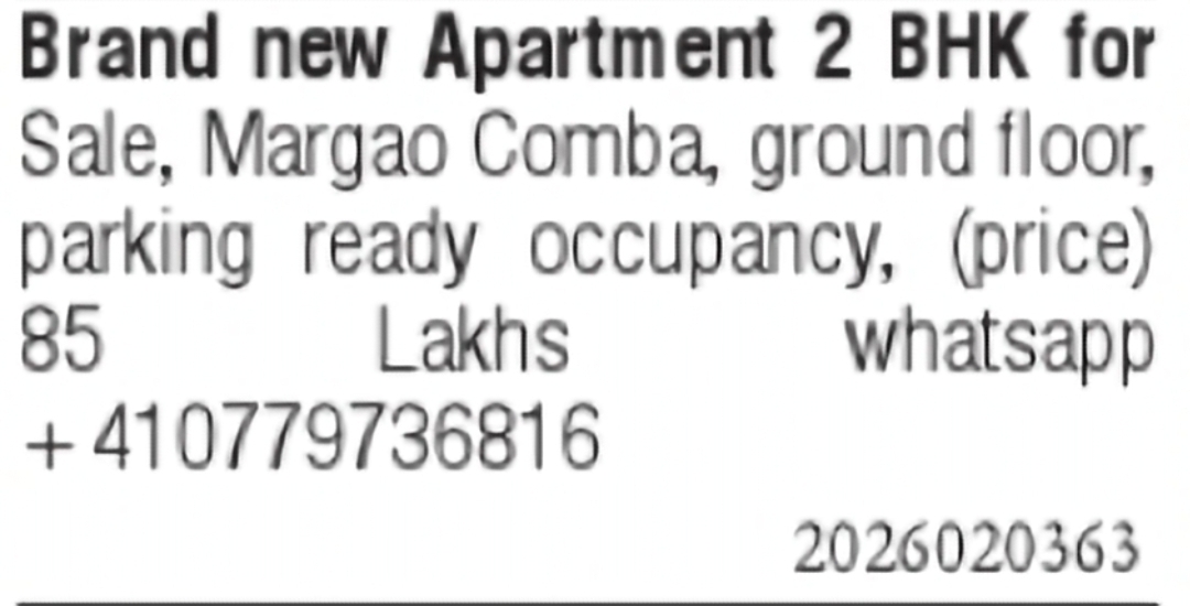 Brand New 2 BHK Apartment for Sale in Margao Comba
