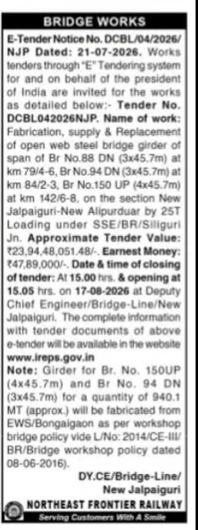 Bridge Works Tender – New Jalpaiguri Division, Northeast Frontier Railway