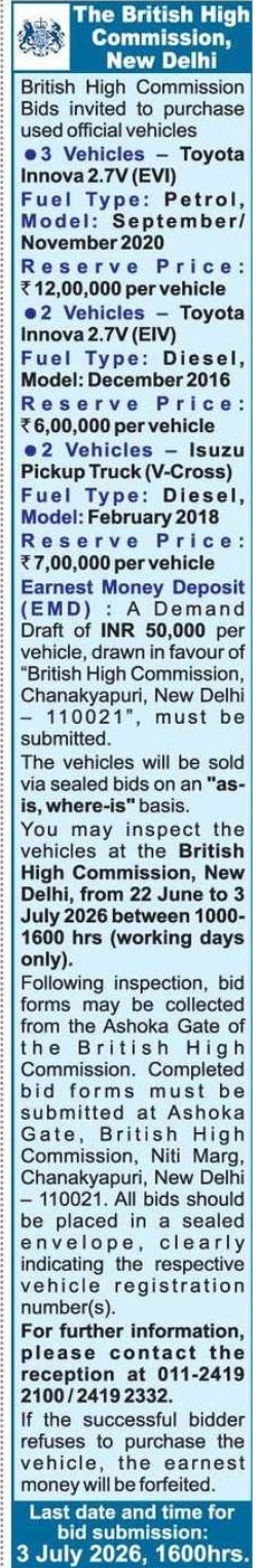 British High Commission, New Delhi – Sale of Used Official Vehicles