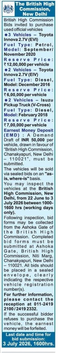 BRITISH HIGH COMMISSION – USED VEHICLES FOR SALE