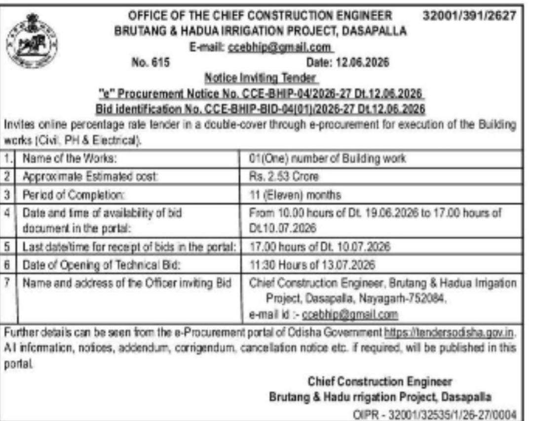 Brutanga & Hadua Irrigation Project Tender, Dasapalla
