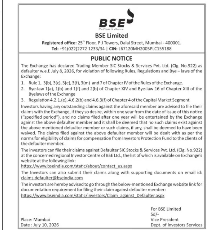 BSE Public Notice: Claims Invited Against Defaulter Member SIC Stocks & Services Pvt. Ltd.