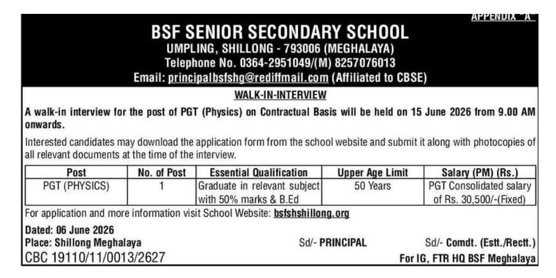 BSF Senior Secondary School, Umpling (Shillong) – Walk-in Interview for PGT (Physics) on Contractual Basis