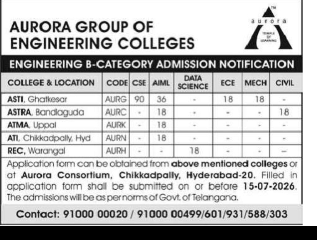 B.Tech B-Category Admissions 2026–27 | Aurora Group of Engineering Colleges