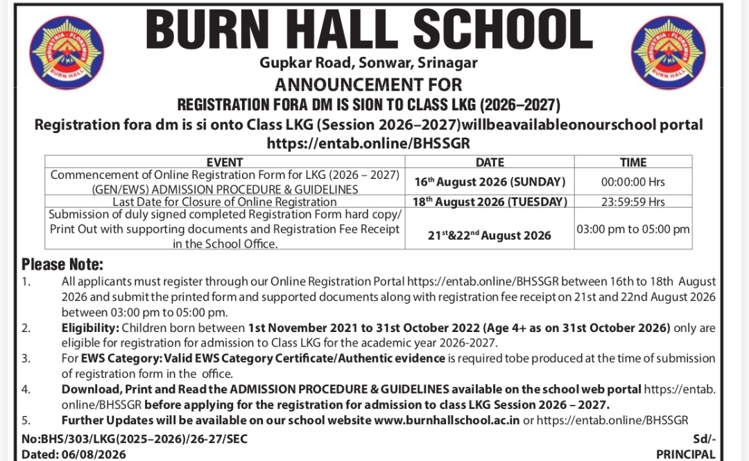 Burn Hall School LKG Admission Registration 2026-27
