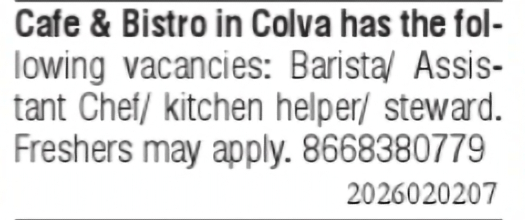Cafe & Bistro Staff Vacancies in Colva
