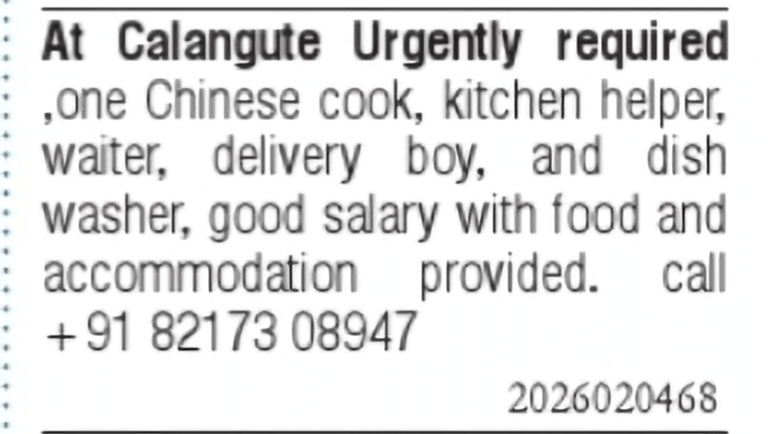 Calangute Urgent Hiring