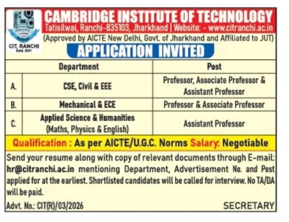 Cambridge Institute of Technology, Ranchi Faculty Recruitment 2026