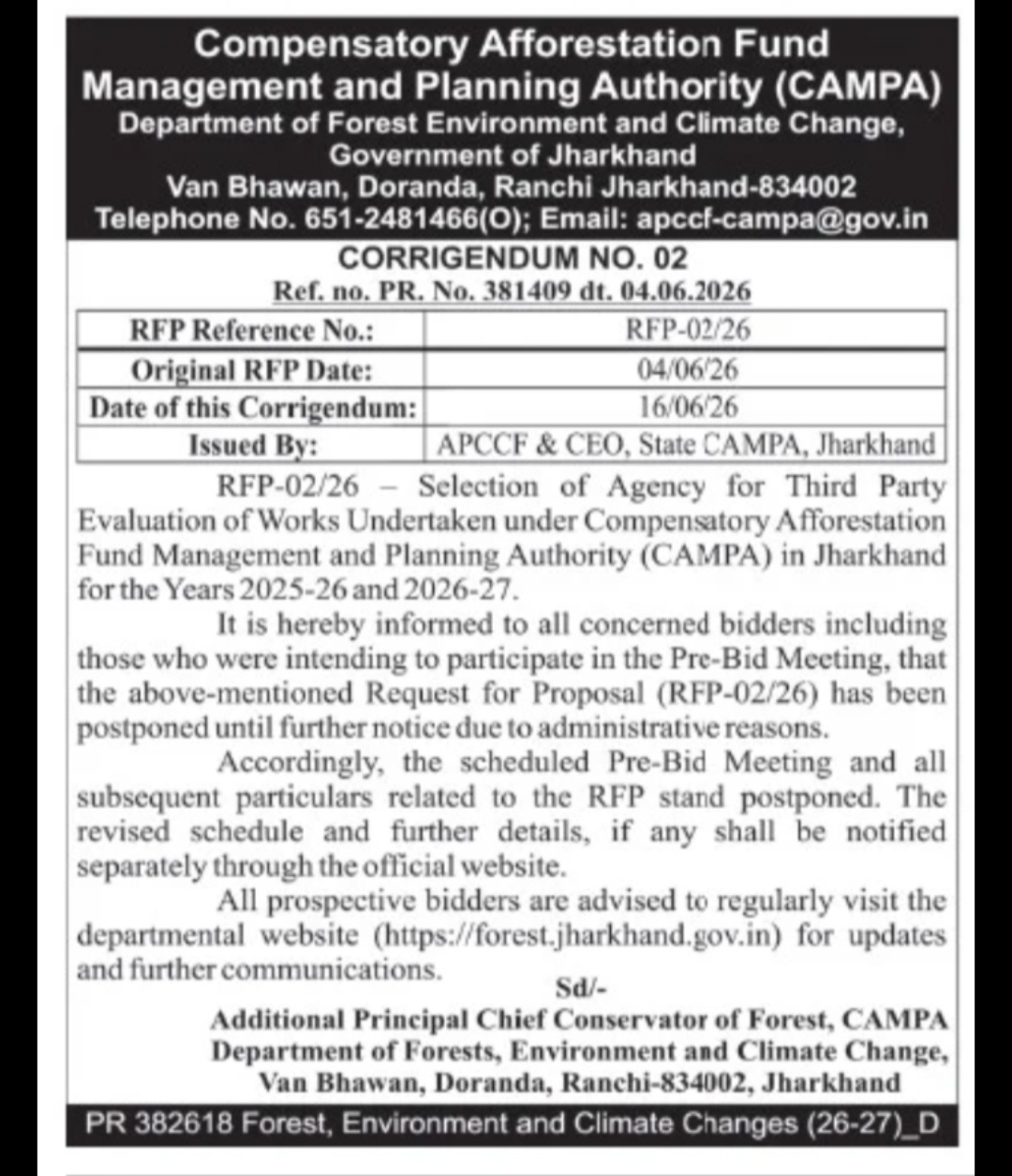 CAMPA Jharkhand RFP Postponement Notice