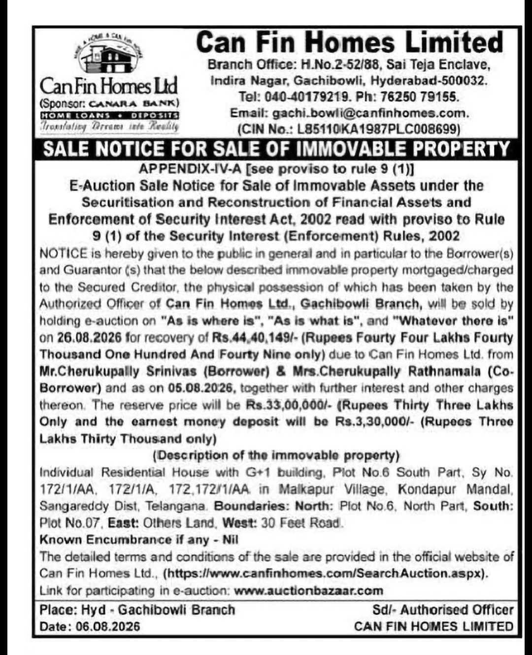 Can Fin Homes Announces E-Auction of Residential House in Sangareddy