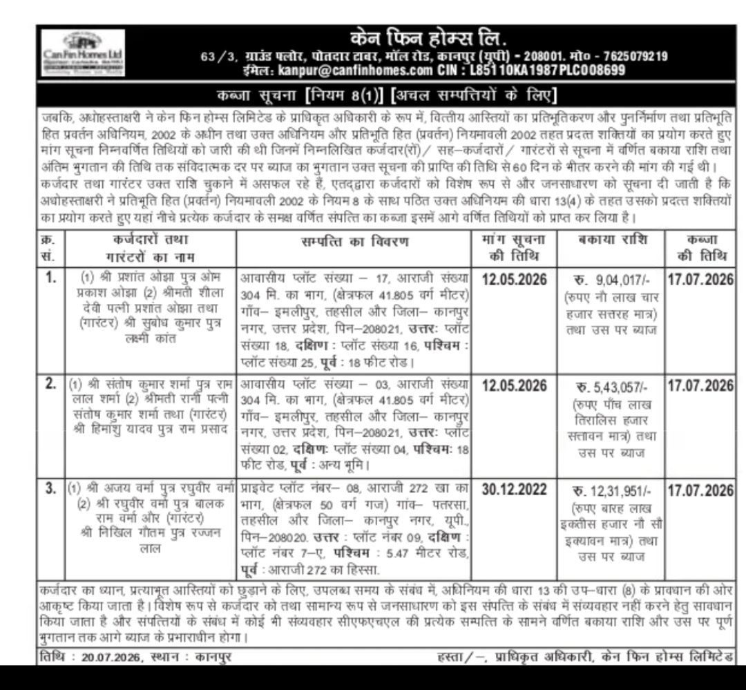 Can Fin Homes Ltd. Possession Notice - Imalipur Property, Kanpur