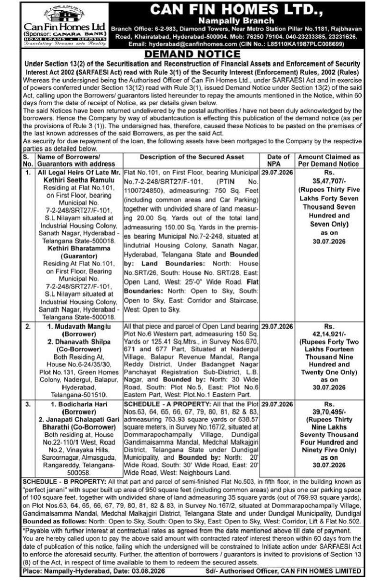 Can Fin Homes Ltd. – SARFAESI Demand Notice | Hyderabad | 03 August 2026