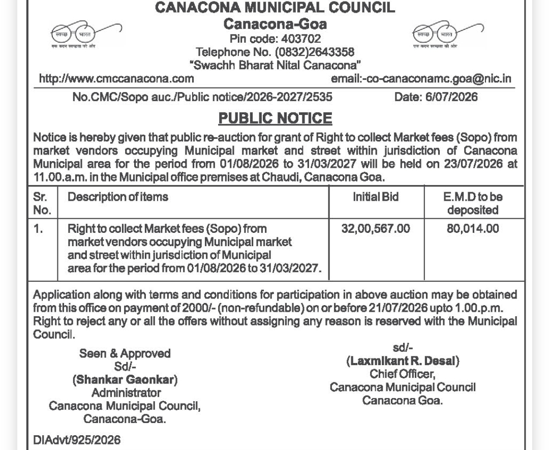 Canacona Municipal Council Public Auction Notice – Market Fee Collection Rights (Sopo) 2026-27