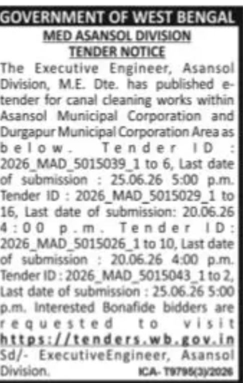 Canal Cleaning Works Tender – Asansol Division