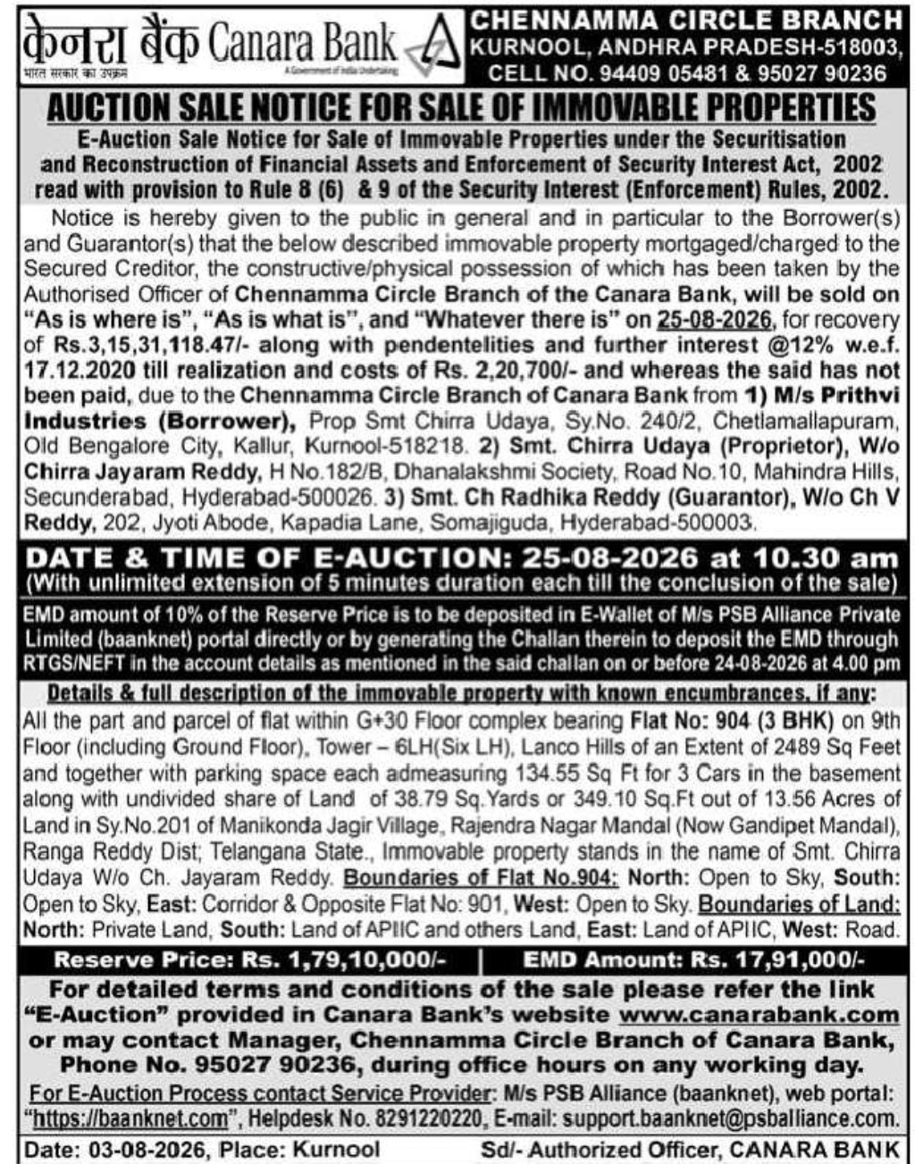 Canara Bank E-Auction Sale Notice – Lanco Hills, Manikonda