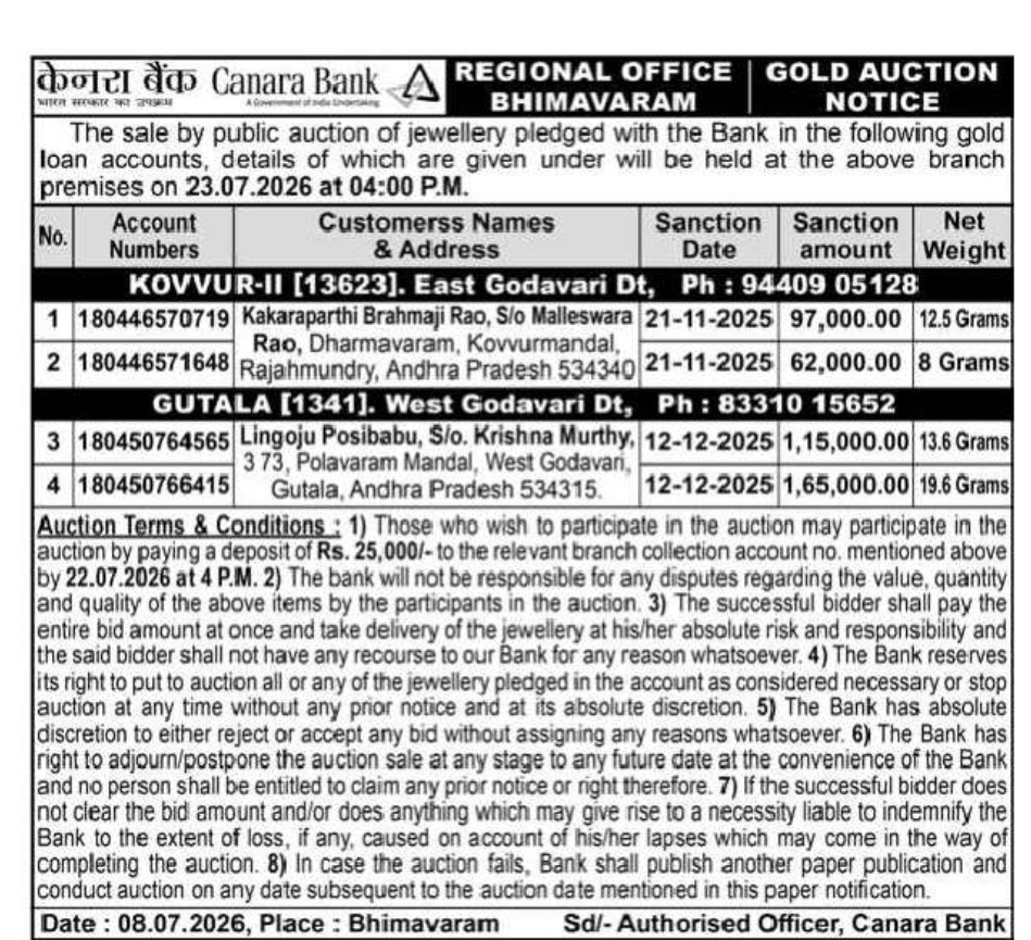 Canara Bank Gold Auction Notice – Bhimavaram Region | Auction on 23 July 2026