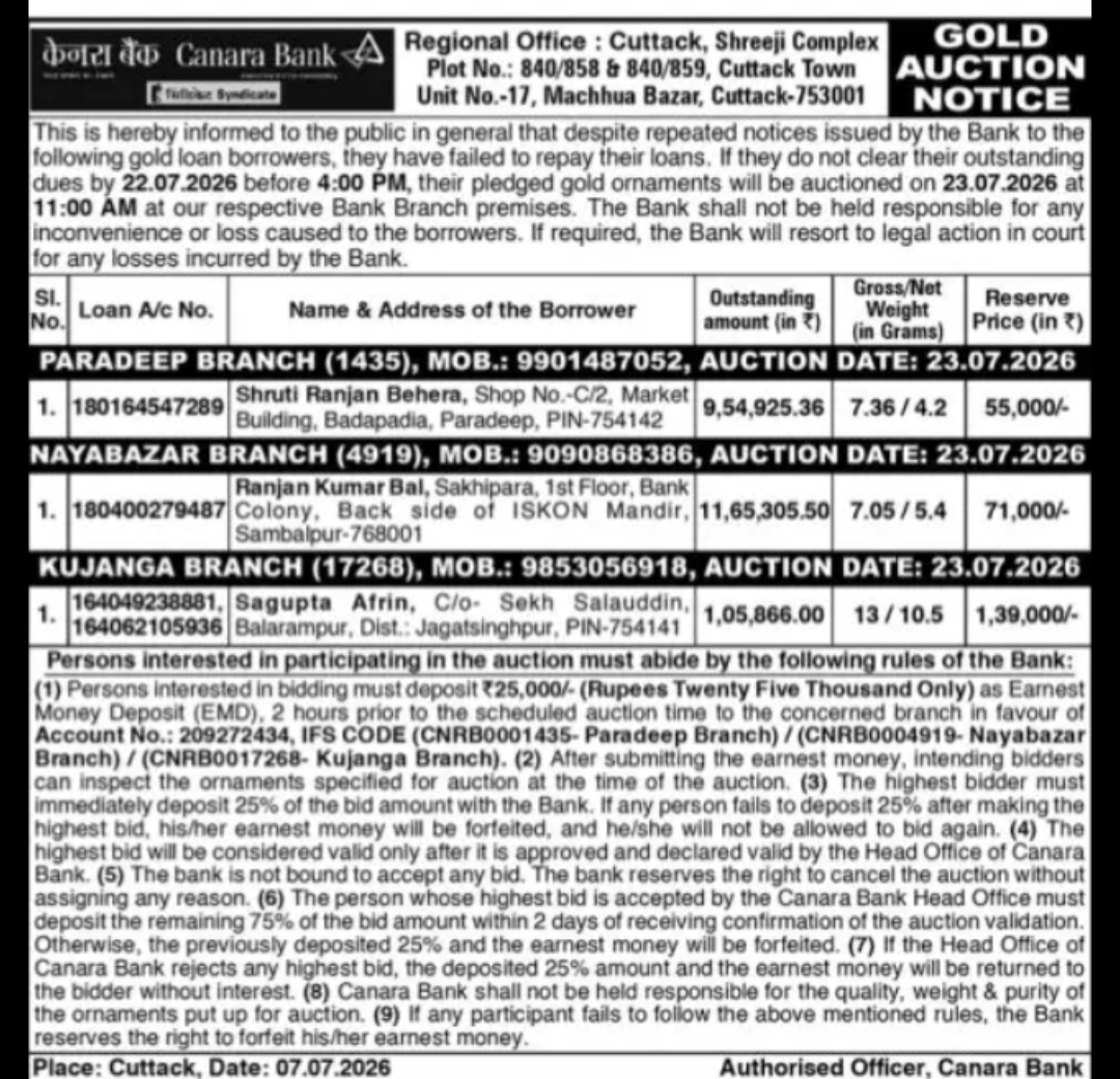 Canara Bank Gold Loan Auction Notice – Auction on 23 July 2026