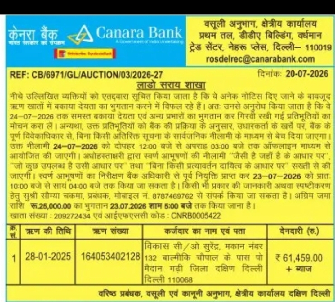 Canara Bank – Gold Loan Auction Notice, South Delhi