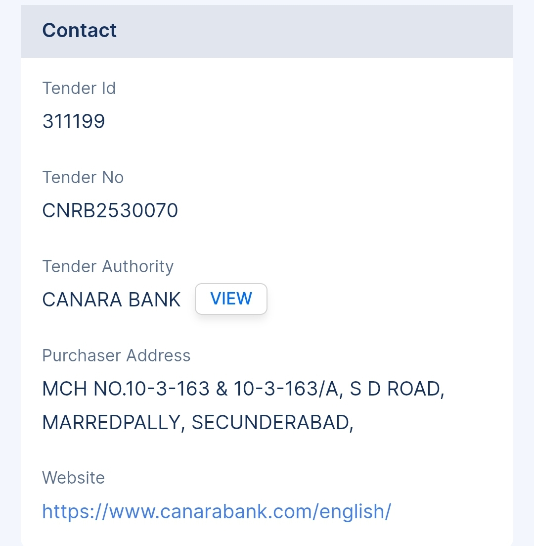 Canara Bank Tender - Telangana Tender