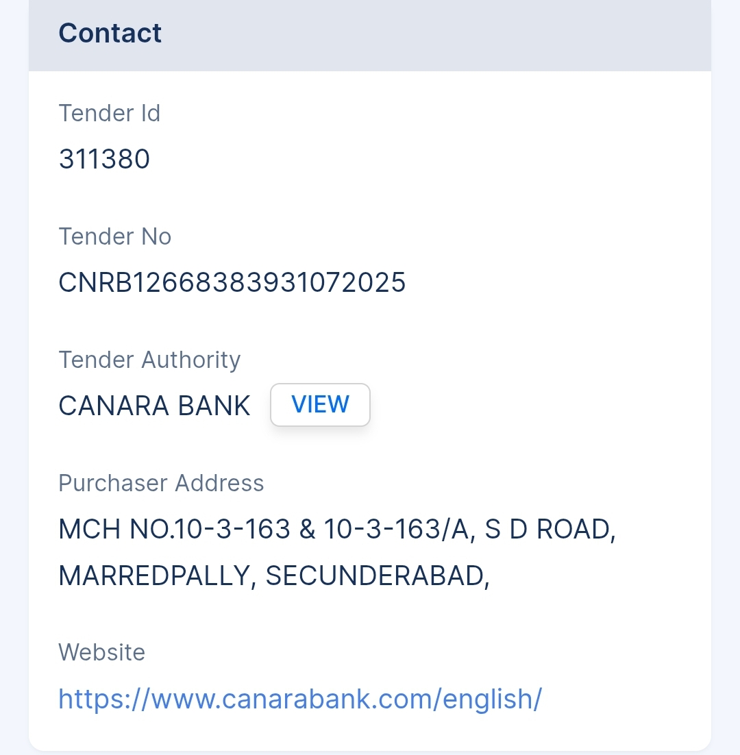 Canara Bank Tender - Telangana Tender