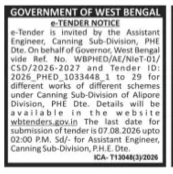 Canning Sub-Division PHED Invites e-Tenders for 29 Water Supply Works