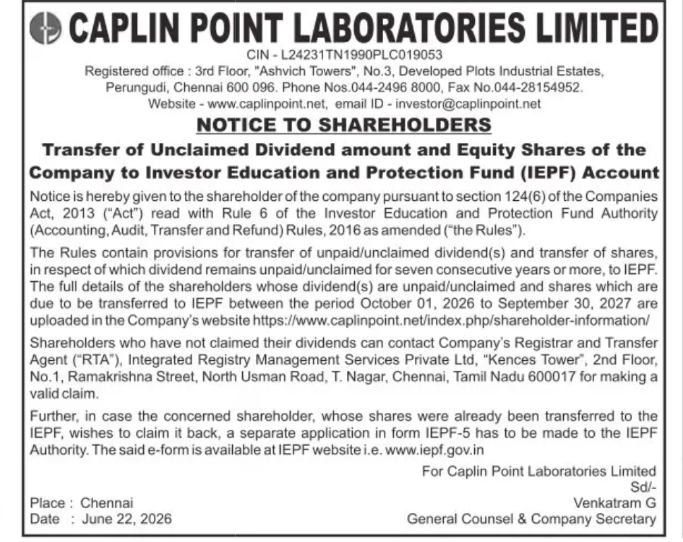 Caplin Point Laboratories Limited – Notice to Shareholders