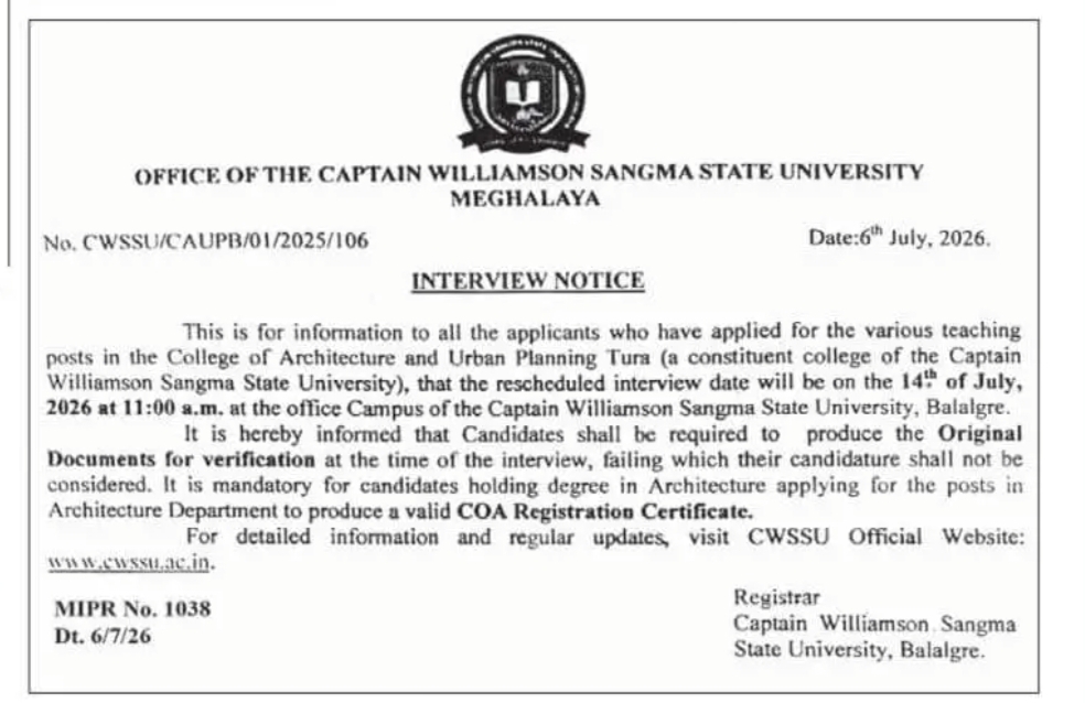 Captain Williamson Sangma State University Interview Notice – Teaching Posts