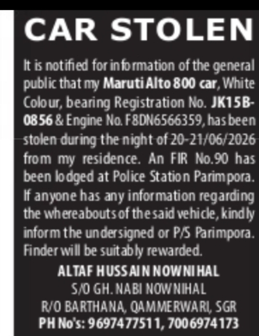 CAR STOLEN – Maruti Alto 800