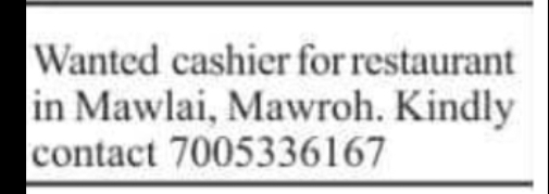Cashier Required for Restaurant in Mawlai, Shillong