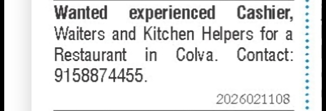 Cashiers, Waiters & Kitchen Helpers – Colva