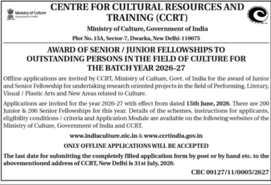 CCRT Invites Applications for Senior and Junior Fellowships 2026–27