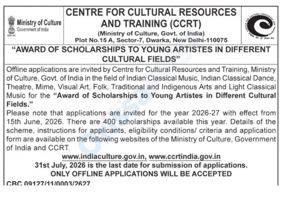 CCRT Scholarship 2026-27: Offline Applications Invited for 400 Young Artiste Scholarships