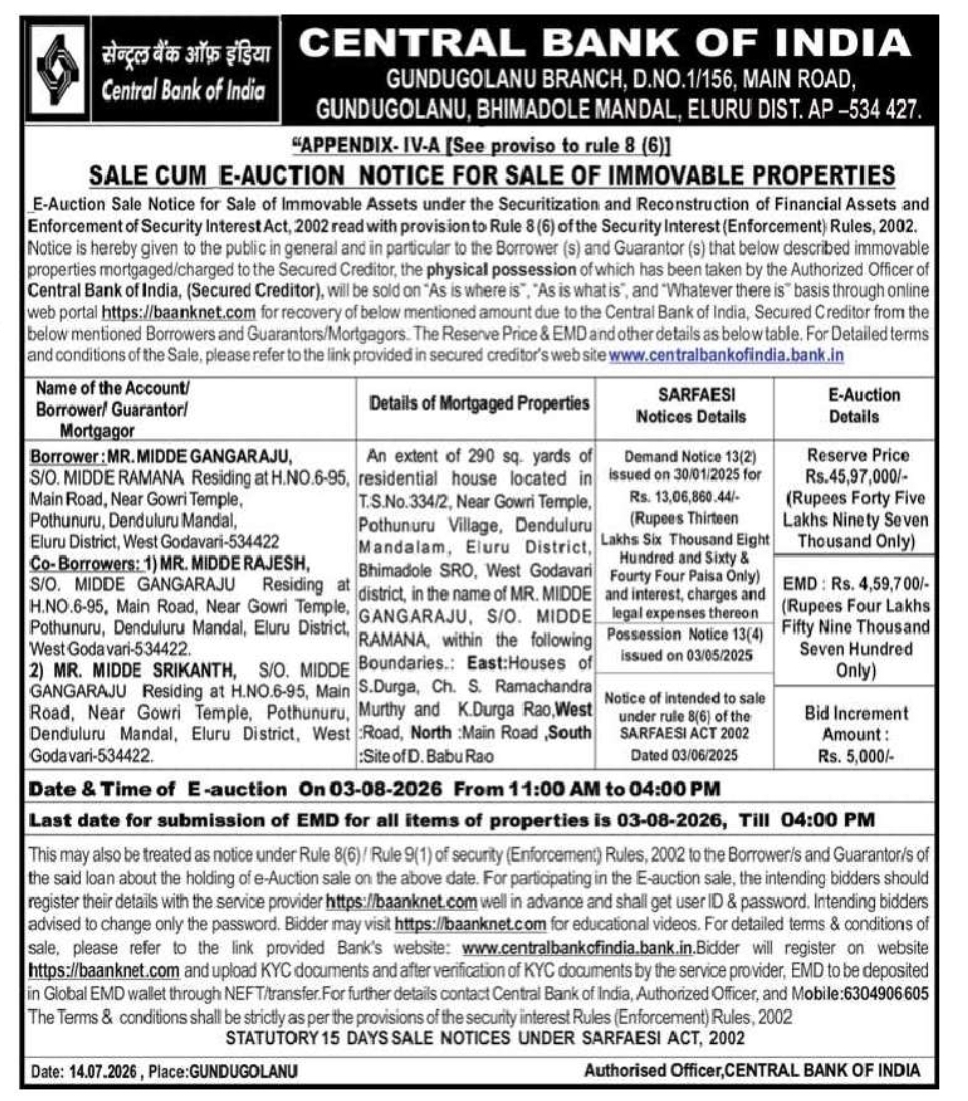 Central Bank of India E-Auction Notice – Residential Property for Sale