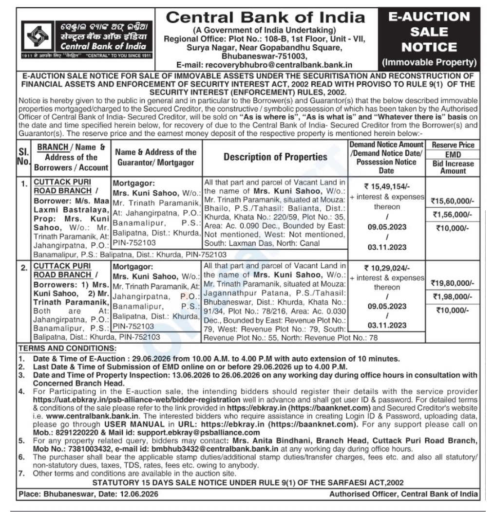 CENTRAL BANK OF INDIA – E-AUCTION SALE NOTICE