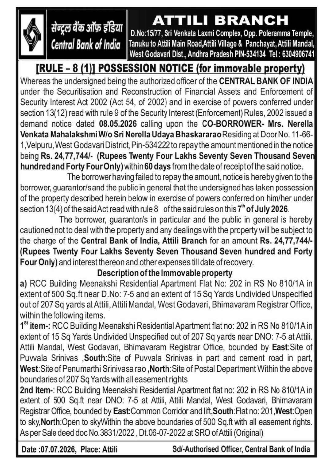 Central Bank of India – Possession Notice for Residential Flat at Attili, West Godavari