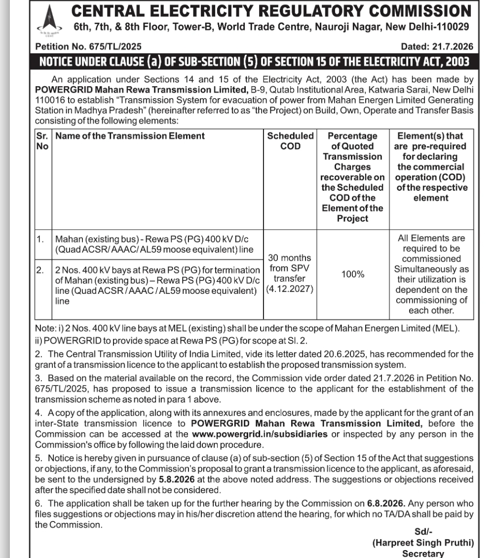 Central Electricity Regulatory Commission (CERC) – Notice Inviting Suggestions/Objections on Transmission Licence Application